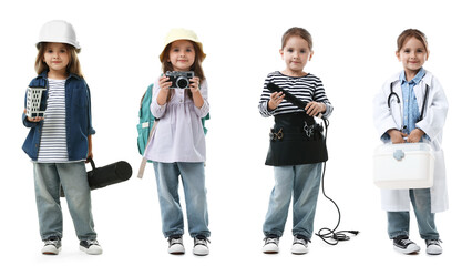 Obraz premium Choice of profession. Cute little girl in different clothes representing various occupations. Collage of portraits on white background