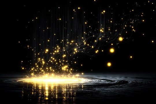 Golden orbs rain; reflecting on swirling dark water surface