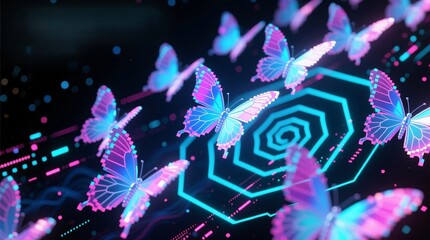 glowing pixelated butterflies flutter around a neon hexagon in a dark, futuristic digital space, perfect for tech or gaming themes.
