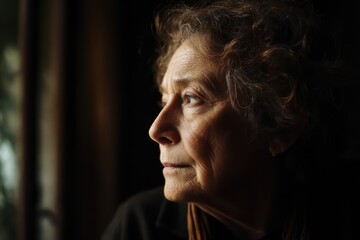 Fototapeta premium Contemplative older woman with melancholy look in window light