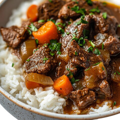 Close Up of Beef Stew With White Rice and Parsley Garnishing on transparent background.png
