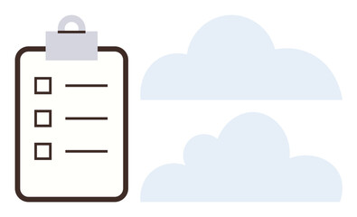 Clipboard with checklist beside abstract cloud shapes, signifying task management, cloud storage, data organization. Ideal for productivity, technology, planning, assessment, goals innovation