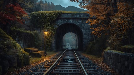 Moody Autumn Landscape Featuring Hidden Railway and Misty Stone Tunnel