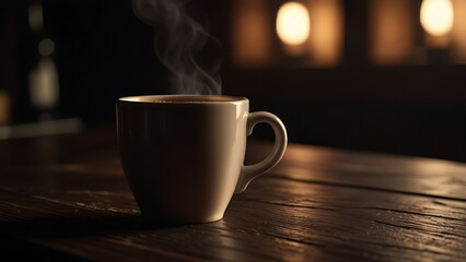 Moody warm coffee cup resting on dark wood table under soft lighting