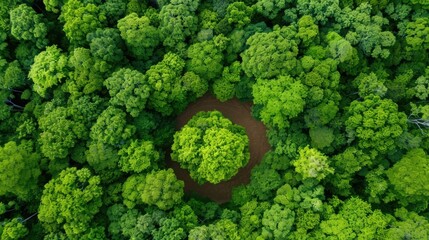 Aerial View Dense Forest Canopy Clear Circular Deforestation Patch Environmental Damage Conservation Needs Dramatic Contrast