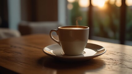 Obraz premium Golden hour light casting soft reflections on warm coffee in cozy space