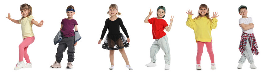 Happy children dancing on white background, collage