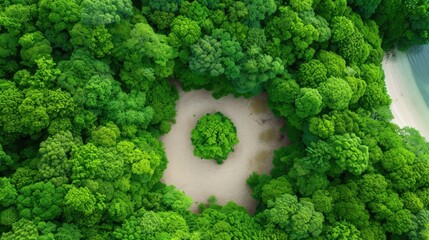 Aerial View Dense Forest Canopy Clear Circular Deforestation Patch Environmental Damage Conservation Needs Dramatic Contrast