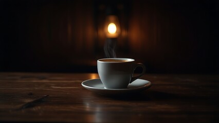 Artistic composition of coffee cup on dark wooden tabletop with cinematic glow