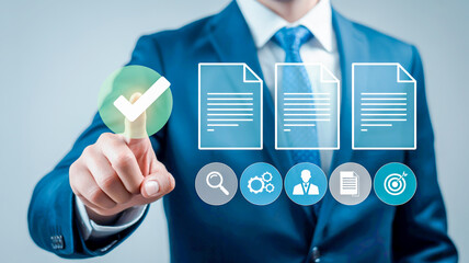 Businessman touches screen with digital documents and icons