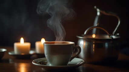Warm candlelight illuminating a coffee cup with gentle rising steam
