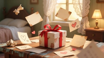 a gift box with a red ribbon sits on a rustic table as love notes and hearts float around, perfect for valentine's day