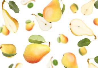 Fresh pears and green leaves falling on white background