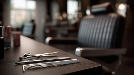 razor. An empty barber chair with neatly arranged tools, showcasing a clean and inviting grooming space. lifestyle magazines, social media lookbooks, designed for influencer and brand collaborations.