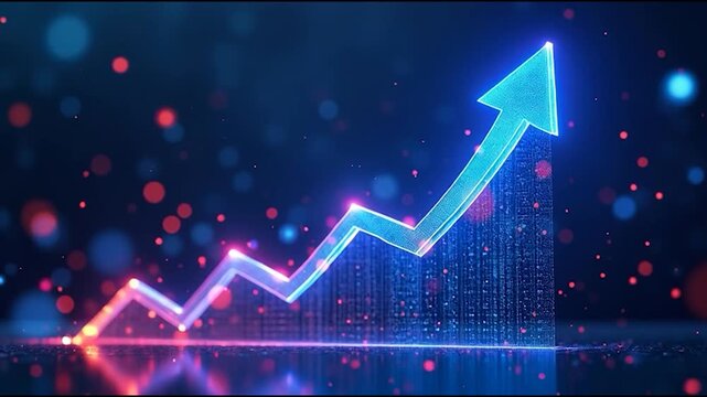 A vibrant digital graph with an upward trend, illuminated against a dark background filled with colorful bokeh effects.