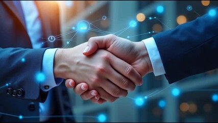 A close-up of two hands shaking, symbolizing a business agreement or partnership, enhanced with a digital network overlay. - Powered by Adobe