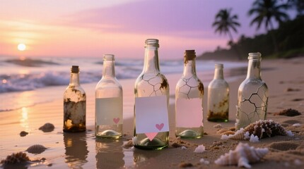 romantic beach scene with love notes in bottles at sunset, perfect for valentine's day, anniversaries, or travel-themed content.