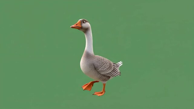 Domestic Grey Goose Walking Isolated on Green Screen Background.
