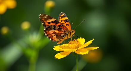 Obraz premium Butterfly feeding on yellow flower against green background close up