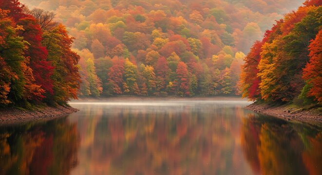 Autumnal lakeside scene with colorful trees and water reflections - Powered by Adobe