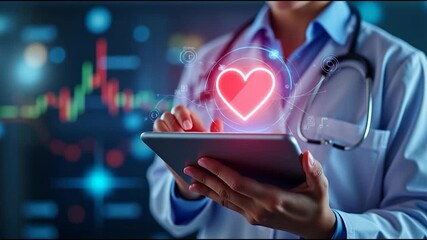 A healthcare professional interacts with a tablet displaying a glowing heart symbol, symbolizing digital health and technology in medicine. - Powered by Adobe