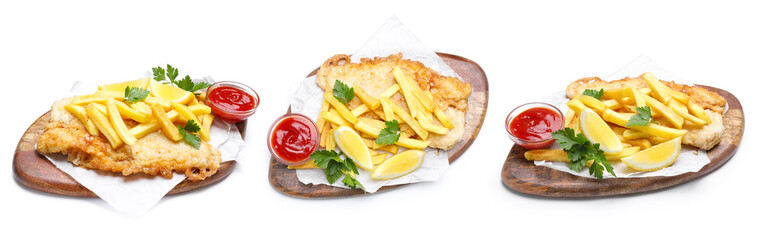Fish and chips with lemon and sauce isolated on white, collage. Top and side view