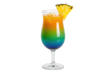 Isolated Hurricane glass cocktail featuring an attractive rainbow layered drink and pineapple slice