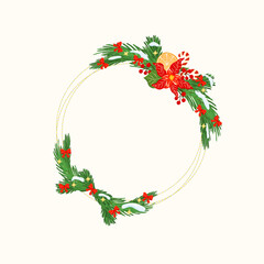 Naklejka premium Christmas wreath border with fir and pine branches, bow, poinsettia flowers, Vector illustration. Elegant festive frame for invitations, cards, posters, and seasonal decorations with space for text