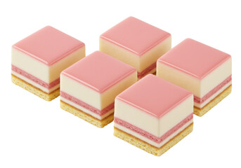 Isolated tray of petit fours with colorful layers ready for dessert buffet catering sweets