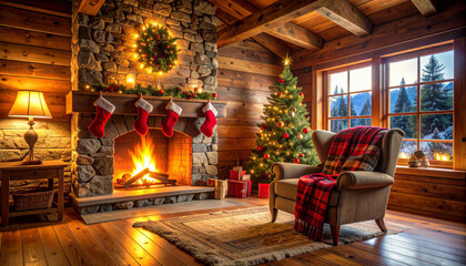Fototapeta premium Warm Christmas cabin interior with glowing fireplace, decorated tree, stocking, candle, and wrapped gift. Cozy festive atmosphere for winter holiday.