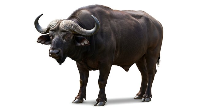 African buffalo isolated on white background with large horns standing