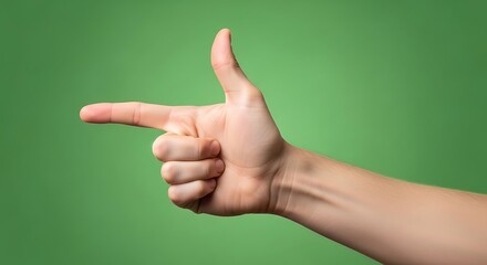 Hand gesture forming a gun pointing forward on green background