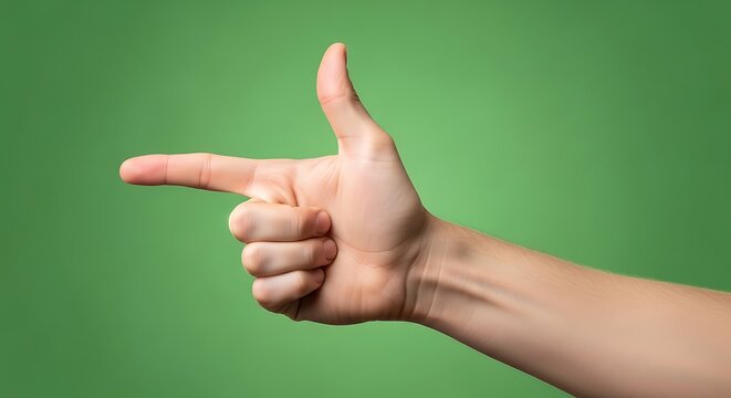 Hand gesture forming a gun pointing forward on green background - Powered by Adobe