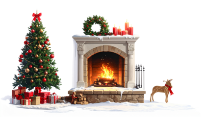 Christmas fireplace with gifts and Christmas tree, isolated on transparent background