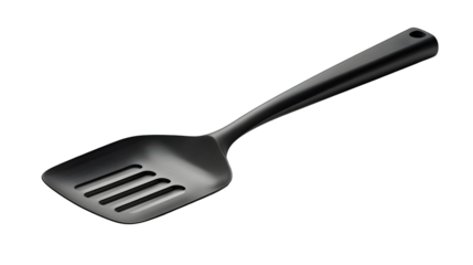 A minimalist slotted spatula/turner in matte black/dark gray plastic or metal, featuring four slots and a hanging hole. Ideal for non-stick cooking mockups or modern kitchen utensil display.