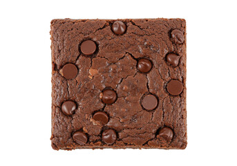 Isolated decadent homemade chocolate brownie with chips for dessert or tasty snack meal