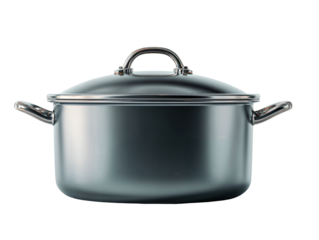 A sleek, reflective stainless steel stock pot or saucepan with a domed lid and polished metal handles on the side and top. Ideal for cooking mockups or high-end kitchenware display.