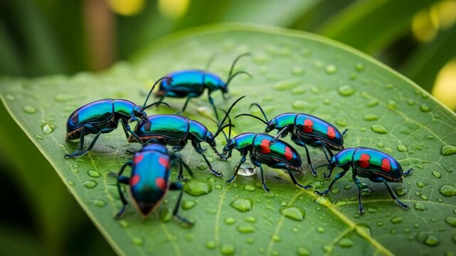 Jewel beetles on a green leaf covered in water droplets, macro shot