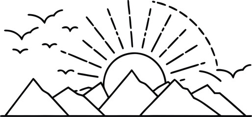 Minimalist line art drawing of a sunrise over mountains with birds flying in the sky isolated on transparent background