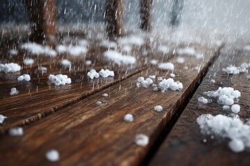 Close-up of Hail Accumulation on Wooden Deck Surface