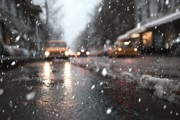 Close-up of Heavy Snow Falling on City Street