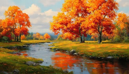 Obraz premium Autumnal Landscape Scene with Orange Trees Reflecting in a Serene River and Rolling Green Hillside