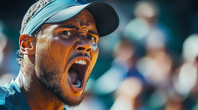 Intense Facial Expression of Player During High-Stakes Match with Crowd in Background Captured in Close-Up