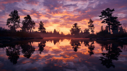 Lake reflecting sunset with orange and purple sky