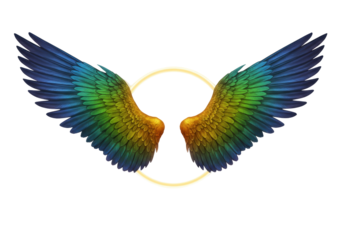 Isolated colorful angel wings, feather plumage, ethereal illustration, freedom concept, artistic