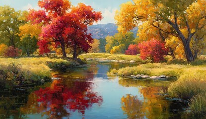 Obraz premium Autumnal Landscape with Vibrant Red and Yellow Trees Reflecting in Calm Water
