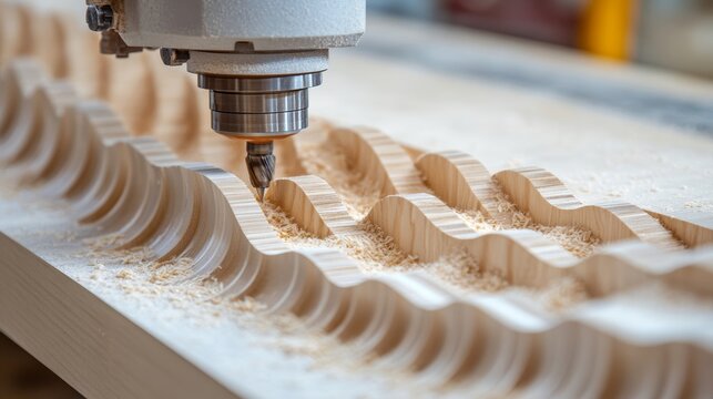 Precision Craftsmanship A Skilled CNC Router Creating an Intricate Wave Design in Wooden Material