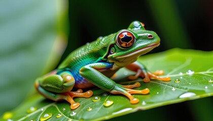 Naklejka premium Emerald tree frog camouflaged on a rainforest leaf, glistening droplets accentuating its textured skin. Macro photography reveals intricate details of this perf, green, adaptation, leaf