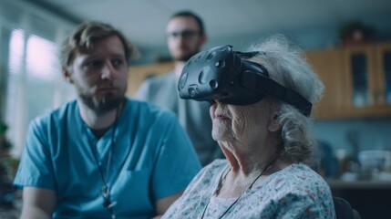 Elderly woman wearing VR glasses while seated in a nursing home  