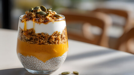 single glass pumpkin chia pudding with nuts on top